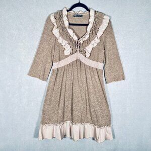 Forla Paris Midi Dress M Beige Cotton Blend Crinkle Pleat Fairycore